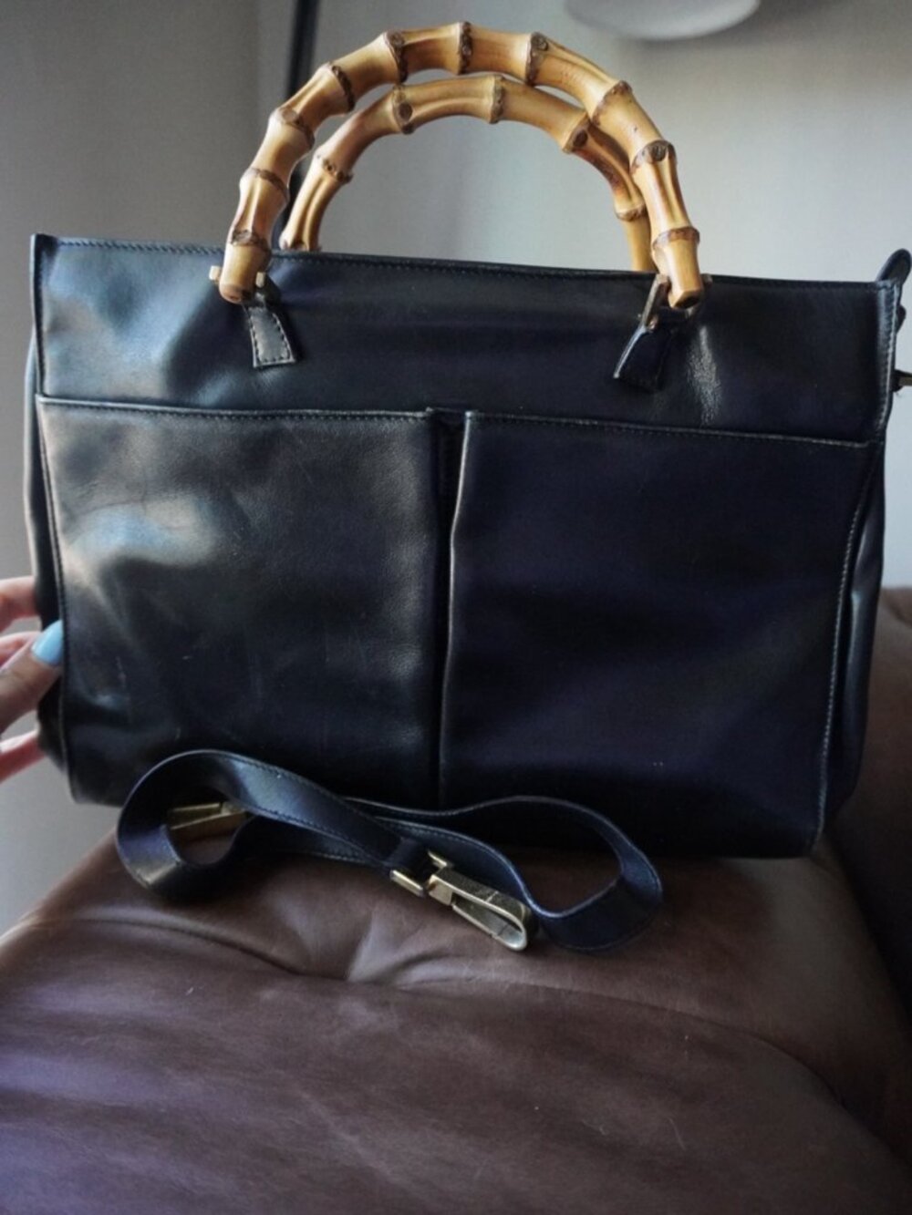 Vintage Gucci Tom Ford Era Black Leather Bamboo Handle Briefcase Business Bag